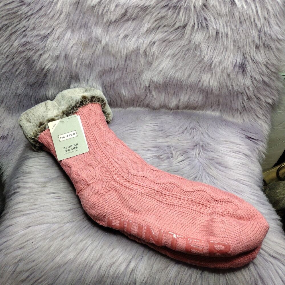 New Hunter Slipper No Slip Socks Pink Faux Fur Knit Brown Gray Sz OS One Size